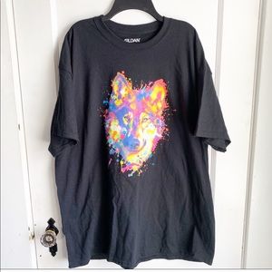 Gildan T-Shirt Neon Wolf Print Paint Splatter Graphic Tee Animal Print Black XL